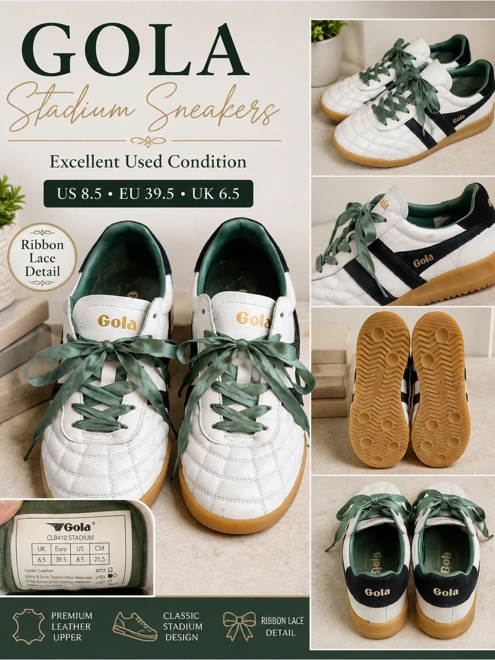 Gola White Sneakers with Green Accents & Gum Sole Unique Green Ribbon Laces